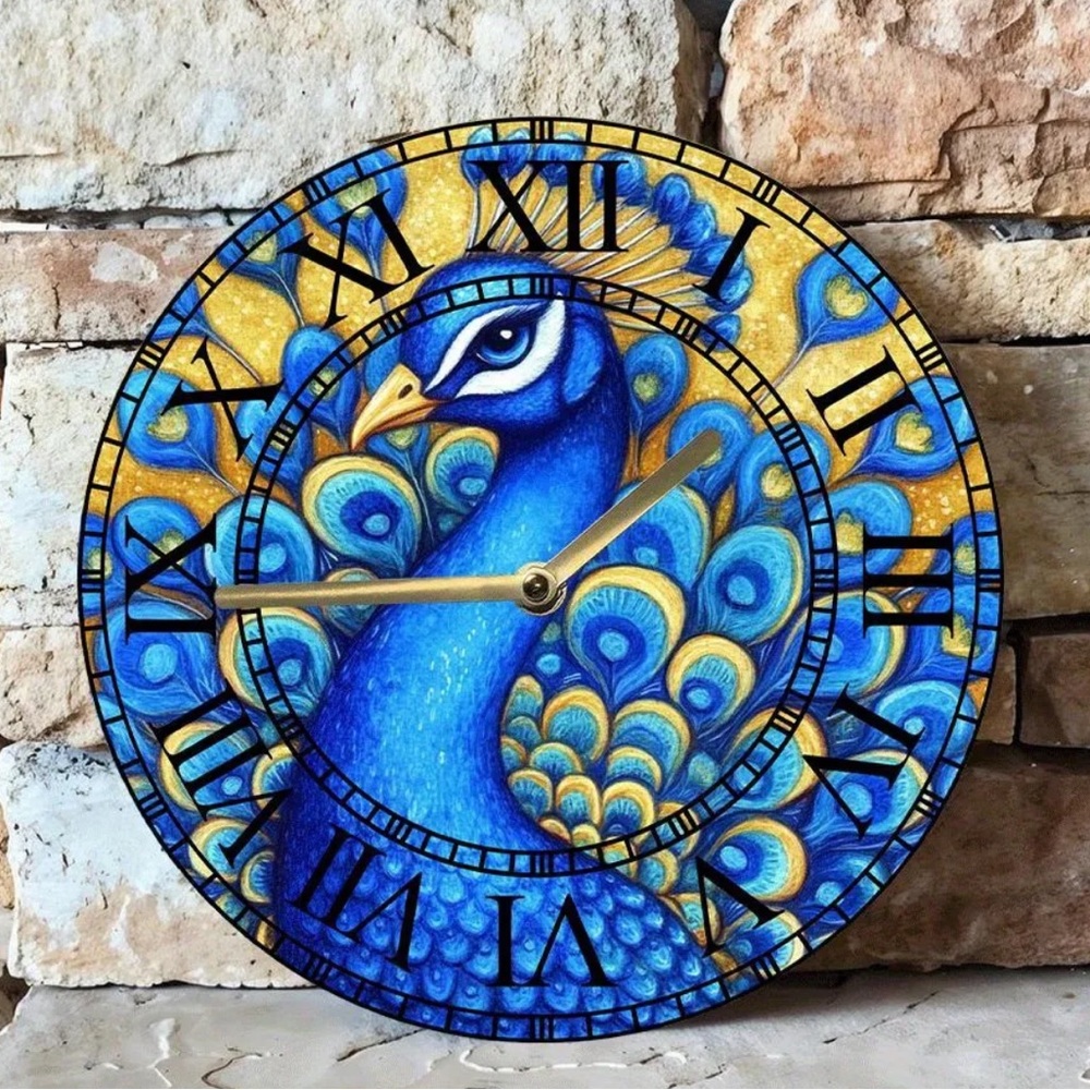 Peacock Design Silent Wooden Wall Clock - Blue and Gold